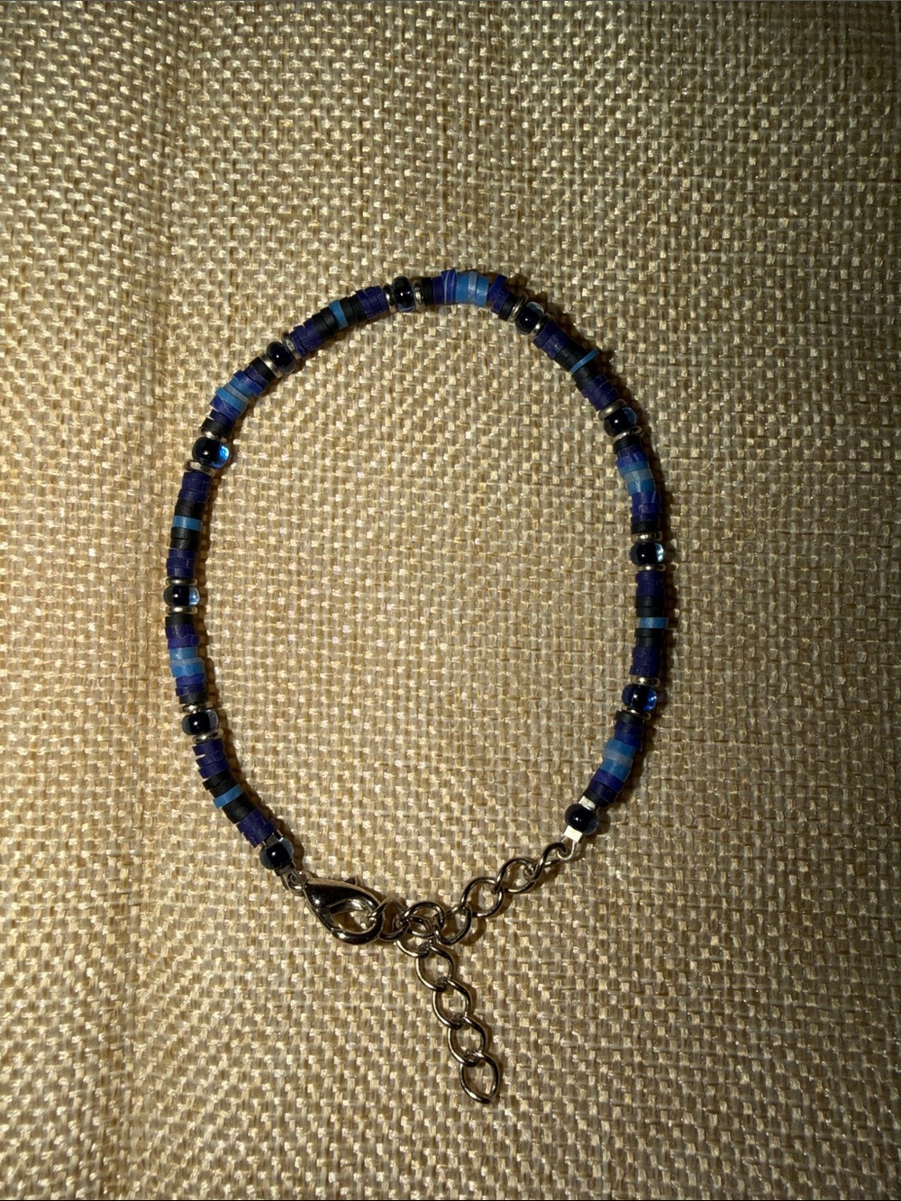 Black Blue Silver Tone Chain Beaded Bracelet
